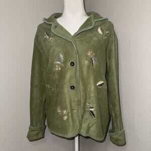 Whitefish Bay Fleece Jacket Women’s S Green Leaves Embroidered Cottage Grandma